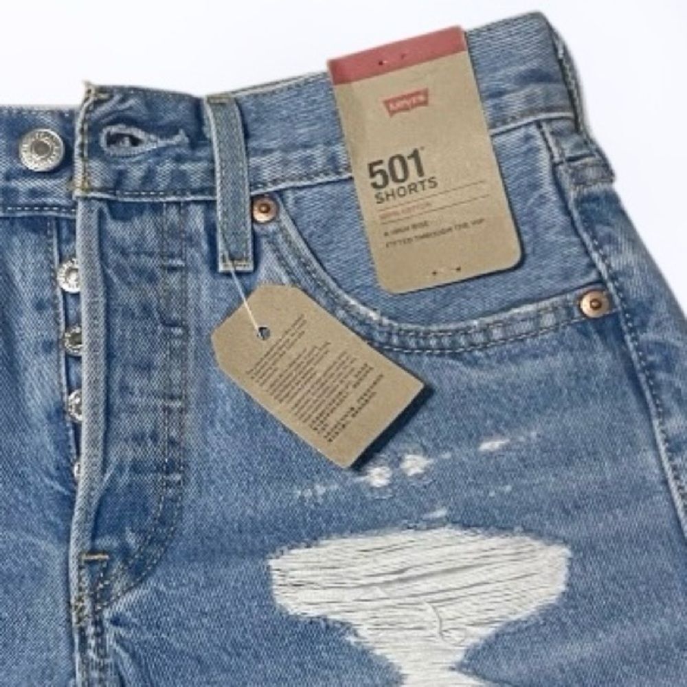 LEVI’S Shorts NWT 501 High Rise Ripped Button Fly In Quiet Riot Blue Size 24 - Picture 6 of 10